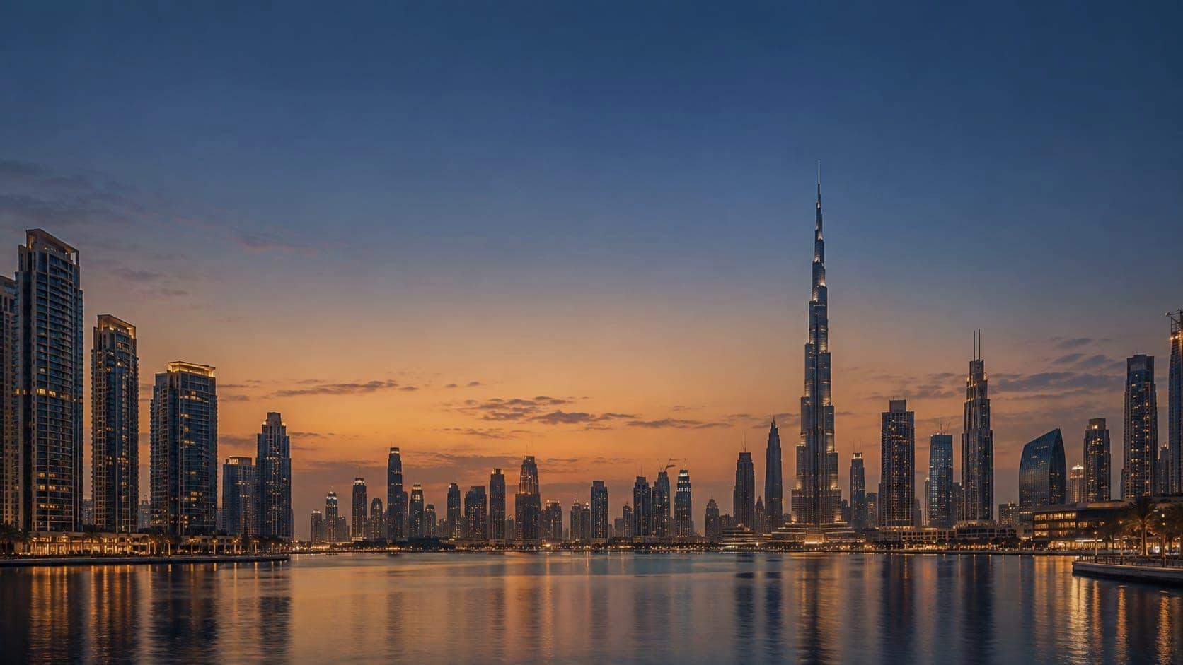 Horizonte de Dubai ao pôr do sol