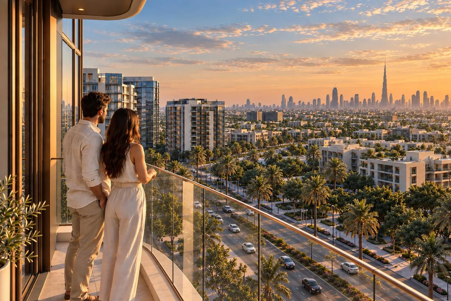 Lumina by Vision: varanda de apartamento com vista para o skyline de Dubai ao pôr do sol Lumina by Vision: varanda de apartamento com vista para o skyline de Dubai ao pôr do sol