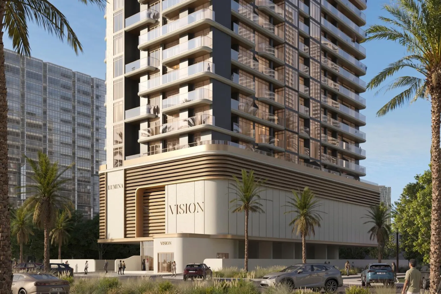 Lumina by Vision: edifício residencial em Liwan com palmeiras ao redor Lumina by Vision: edifício residencial em Liwan com palmeiras ao redor