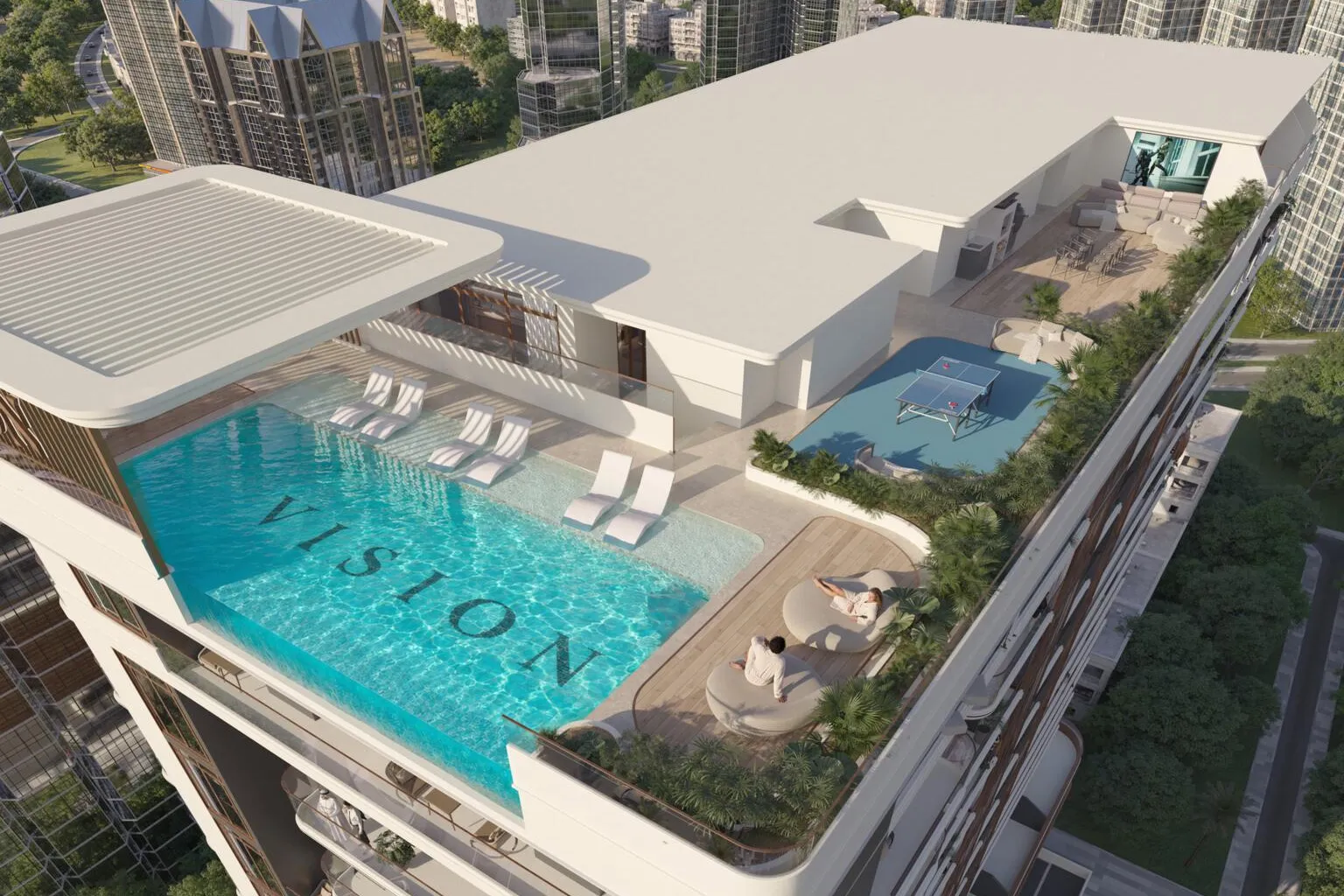 Lumina by Vision em Liwan, Dubai: vista aérea da piscina na cobertura Lumina by Vision em Liwan, Dubai: vista aérea da piscina na cobertura