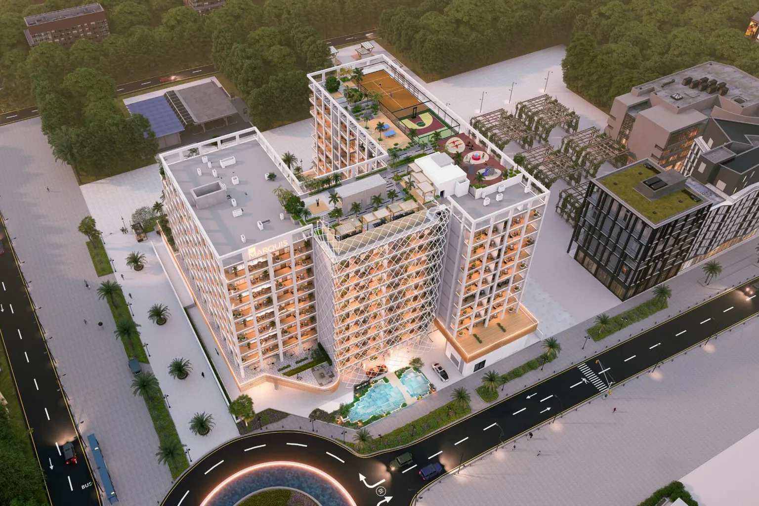 Marquis Aura: vista aérea do empreendimento e da piscina em Dubai South Marquis Aura: vista aérea do empreendimento e da piscina em Dubai South