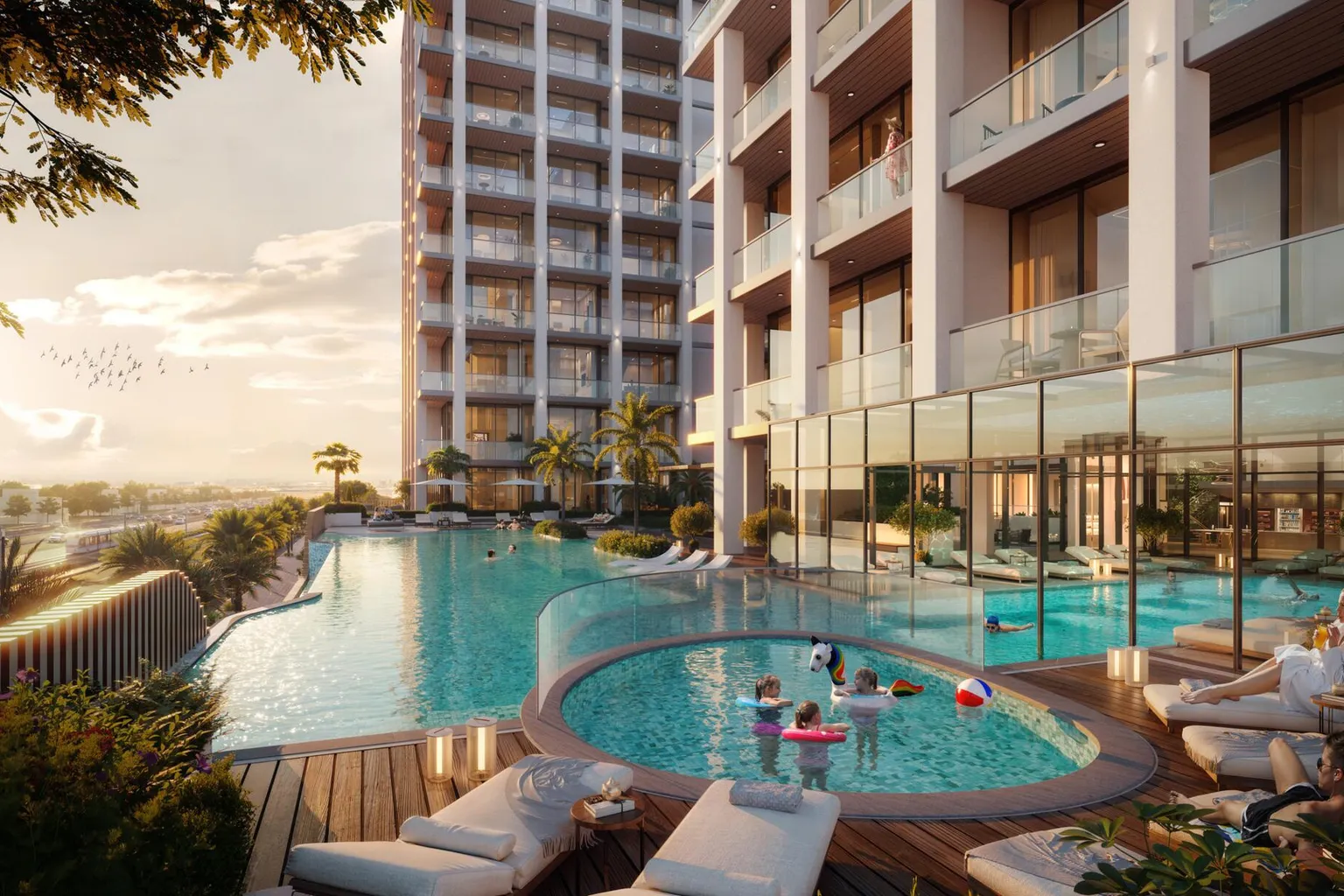 Marquis Aura: piscina externa e torre residencial ao pôr do sol Marquis Aura: piscina externa e torre residencial ao pôr do sol