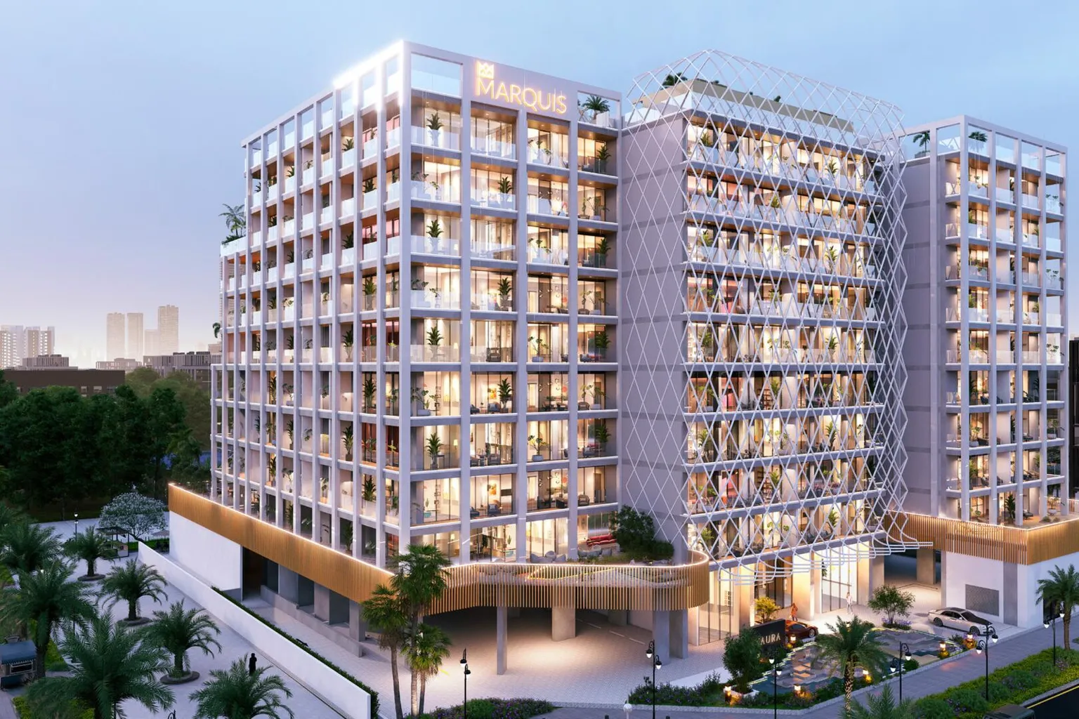 Marquis Aura em Dubai South: fachada do edifício residencial ao entardecer Marquis Aura em Dubai South: fachada do edifício residencial ao entardecer